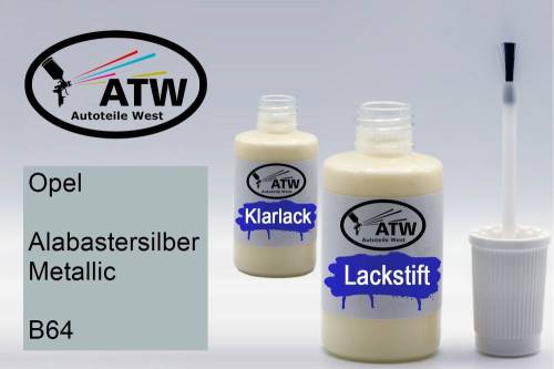 Opel, Alabastersilber Metallic, B64: 20ml Lackstift + 20ml Klarlack - Set, von ATW Autoteile West.